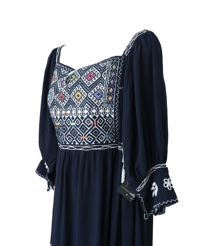 VESTIDO AZUL BORDADO GRECAS