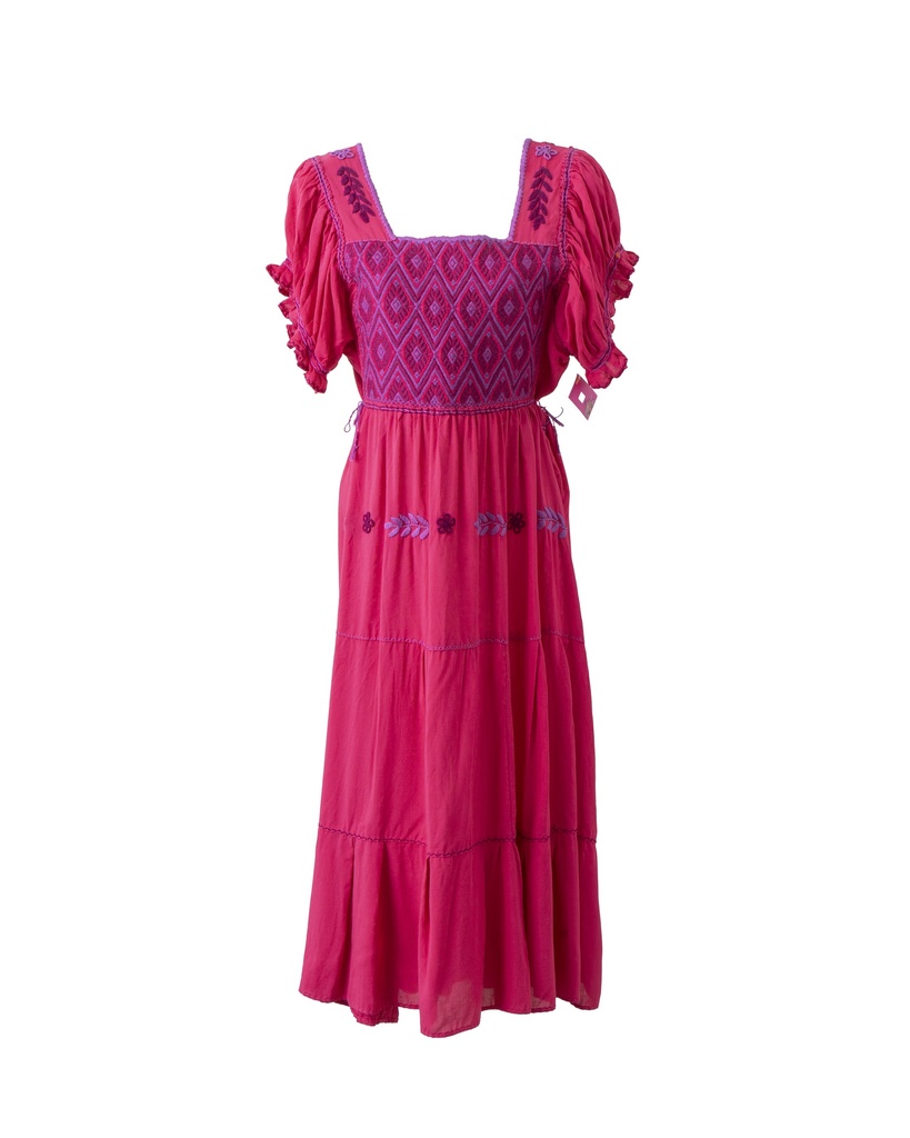 VESTIDO BORDADO PECHERA ROMBOS LILAS