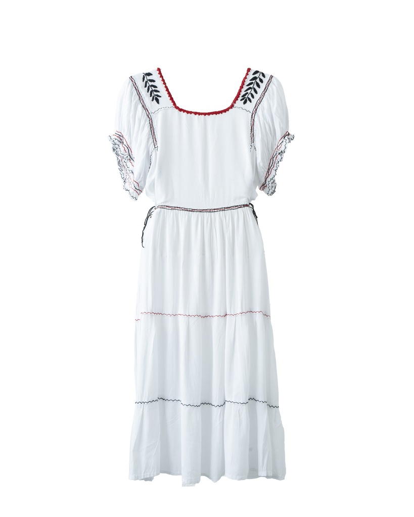 VESTIDO BORDADO PECHERA ROMBOS ROJOS