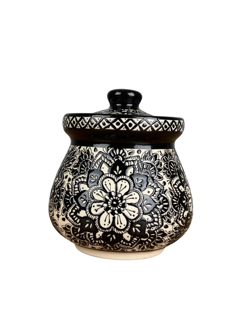 MIELERA CERAMICA DISEÑO NEGRO Y PALITO MADERA