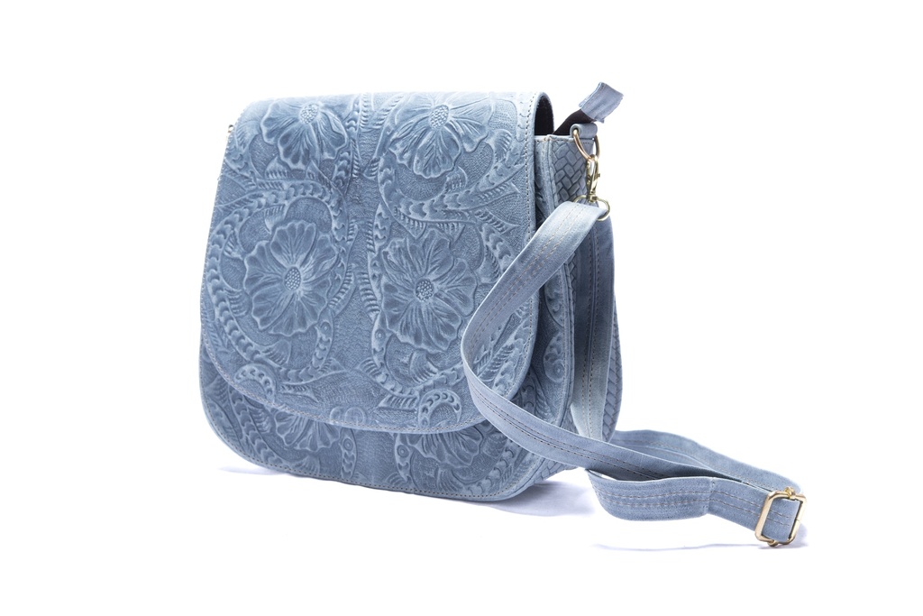 BOLSA AZUL DE PIEL TROQUELADA CON CORREA