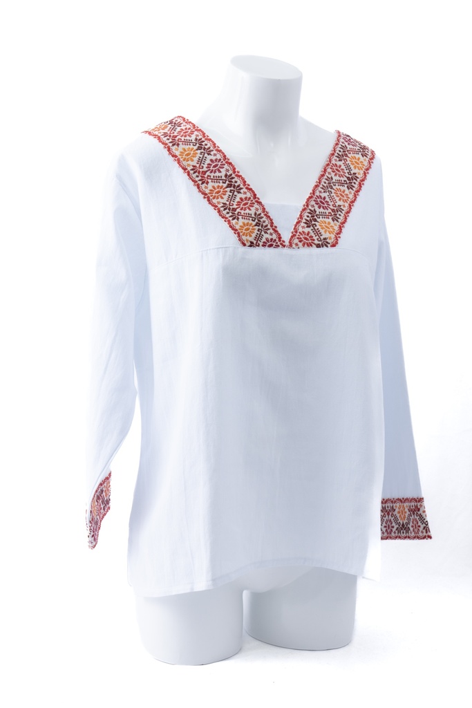 BLUSA BLANCA CON CINTA BORDADA EN CUELLO Y MANGAS