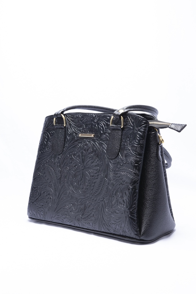 BOLSA NEGRA DE PIEL TROQUELADA CON ASAS Y CORREA