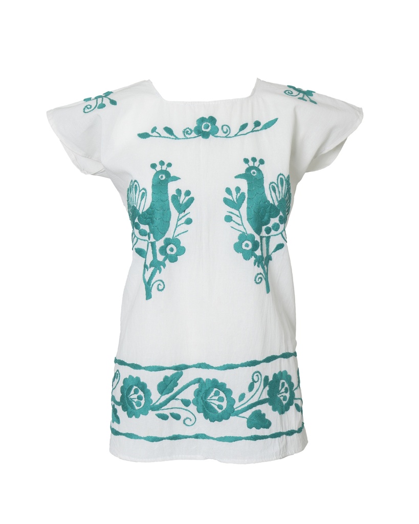 BLUSA MANTA BORDADO PÁJAROS VERDES
