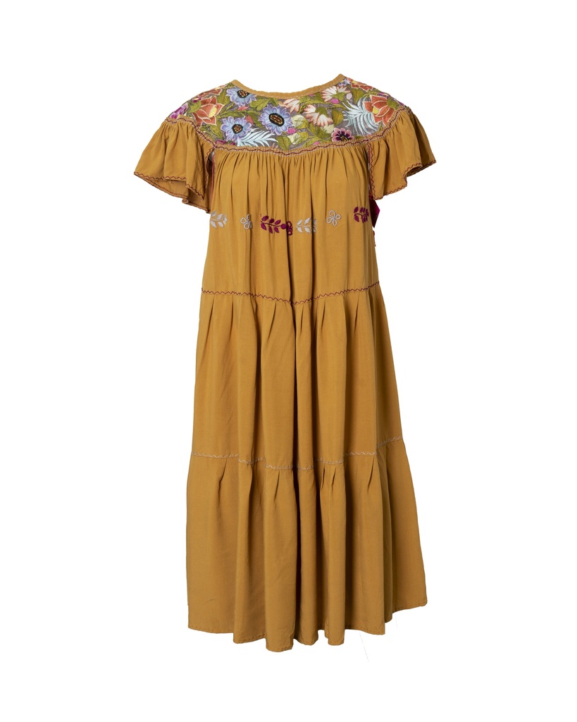 VESTIDO MOSTAZA BORDADO FLORES 