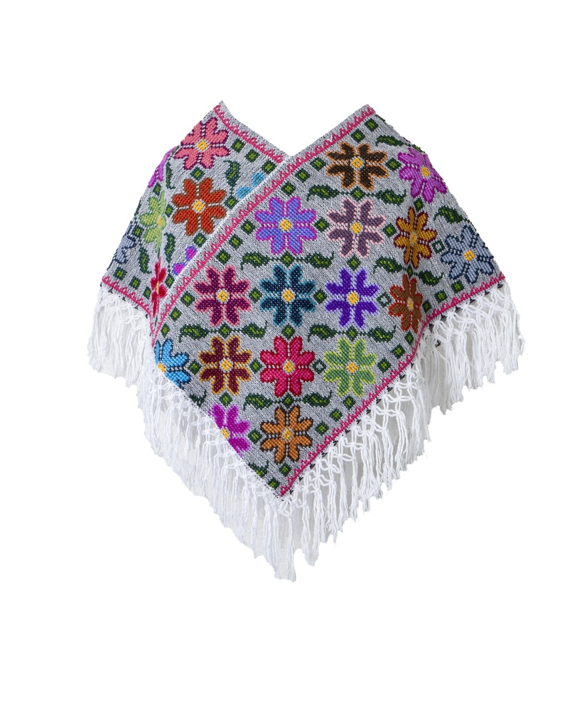 HUIPIL GRIS BORDADO FLORES CON FLECOS