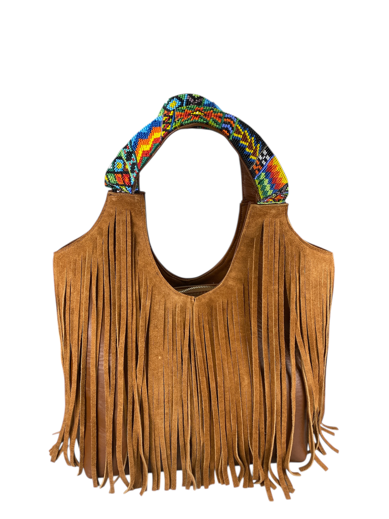 BOLSA CAFE CON FLECOS Y AGARRADERA HUICHOL