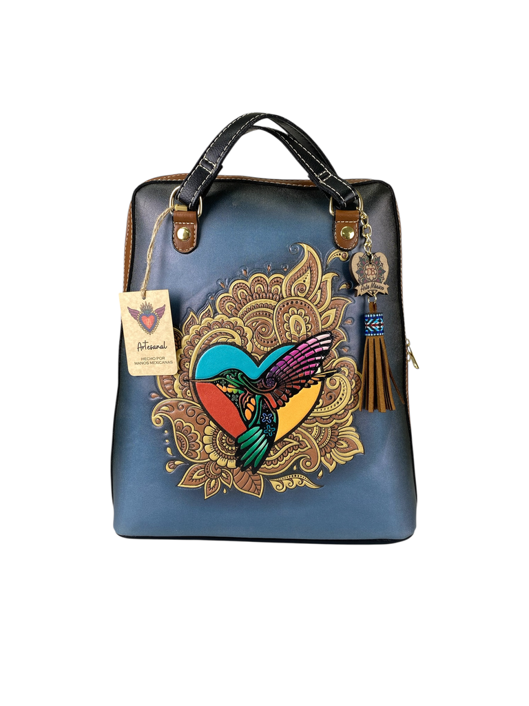 BOLSA AZUL TIPO MOCHILA COLIBRÍ