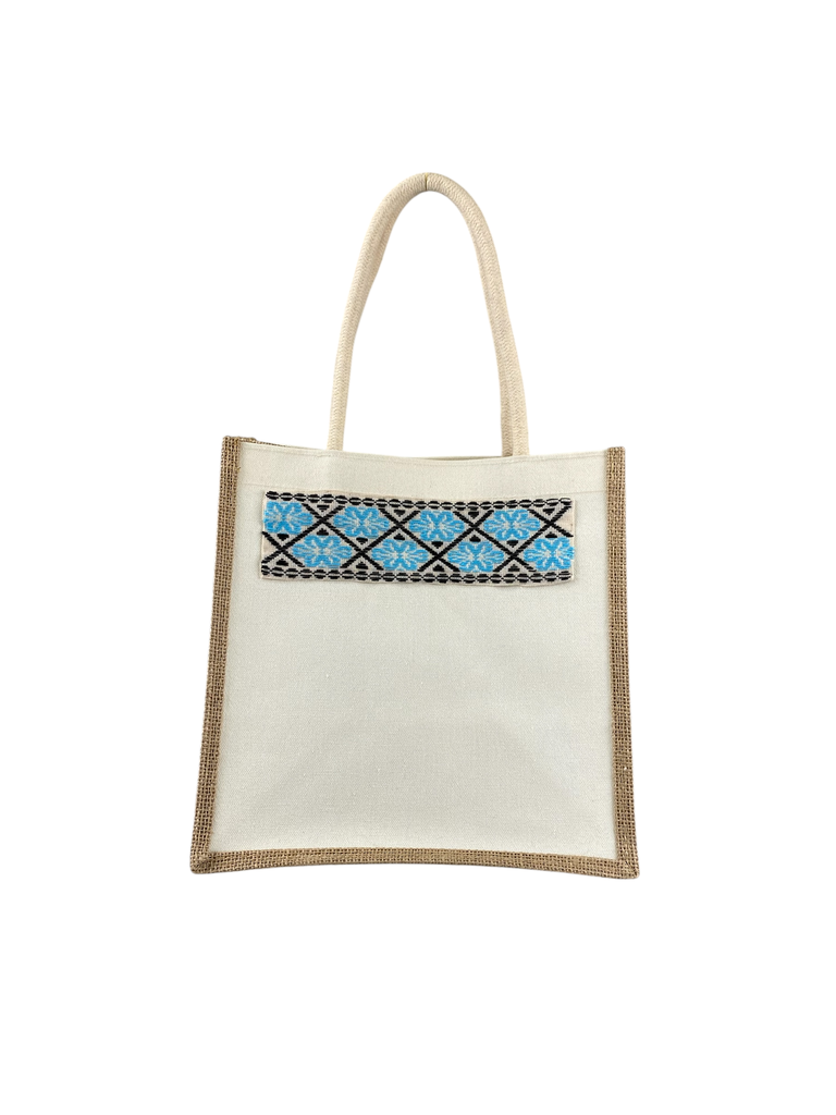 BOLSA DE YUTE Y MANTA CON CINTA BORDADA