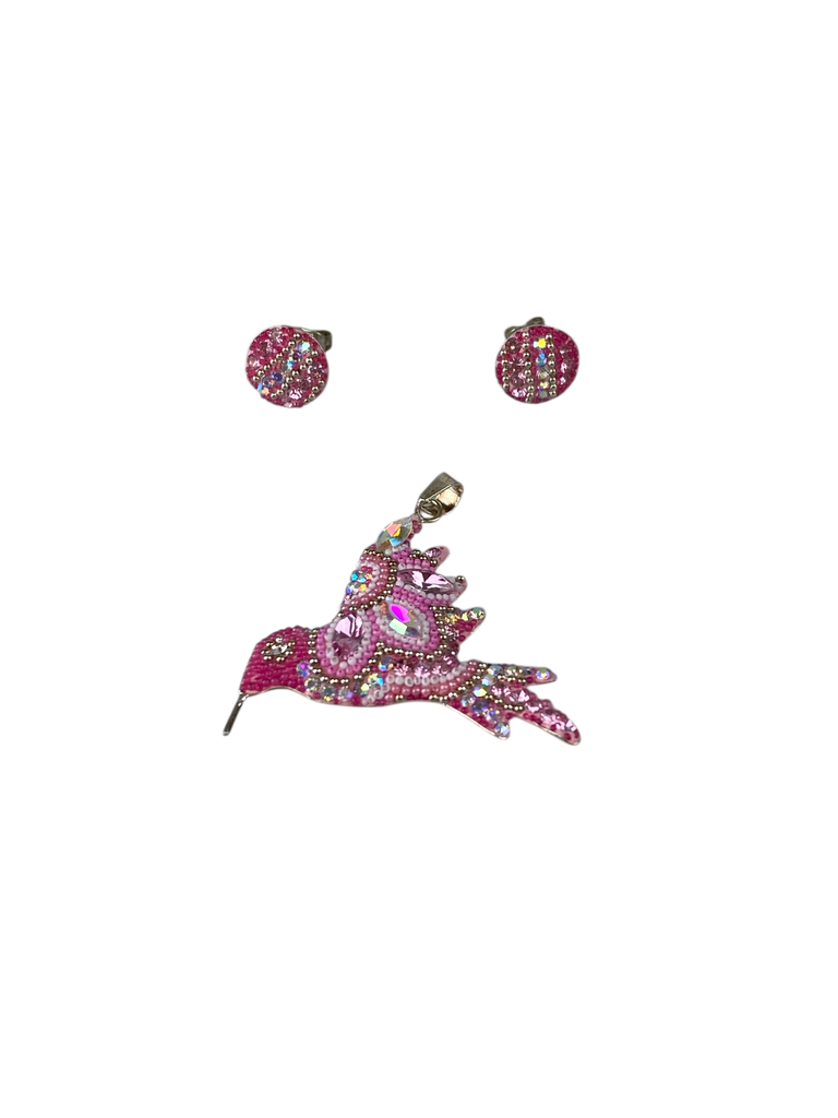JUEGO DIJE Y ARETES COLIBRÍ ROSA